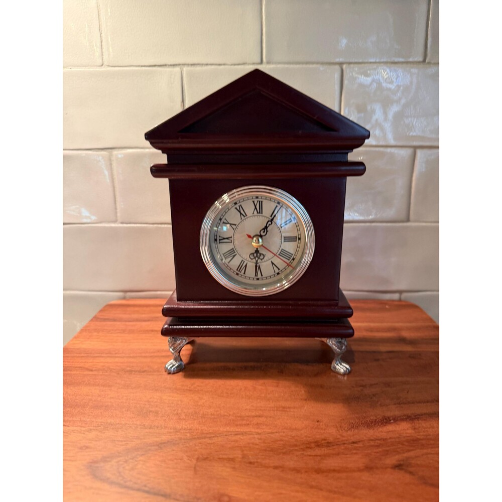 Vintage Godinger Mahogany Arch Mantel Clock, Silver Lion Paw Feet
